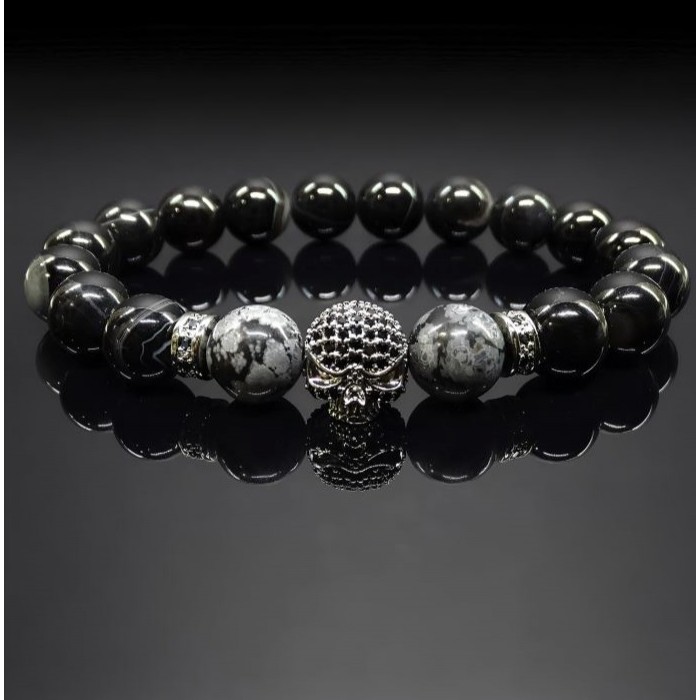 Men's bracelet made of natural black agate and obsidian stones