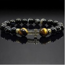 Чоловічий браслет із натурального каменю чорний агат та тигрове око