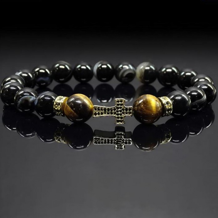 Men's bracelet made of natural stone black agate and tiger's eye