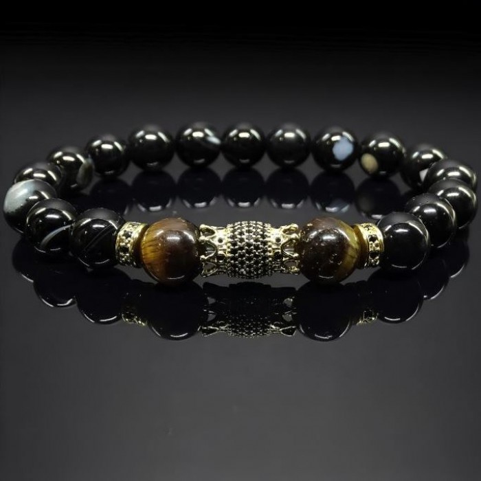Men's bracelet made of natural stone black agate and tiger's eye