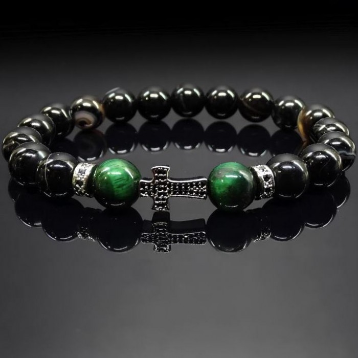 Men's bracelet made of natural stone black agate and tiger's eye