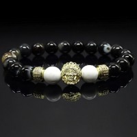 Мужской браслет из натурального камня черный агат и кахолонг