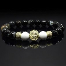 Чоловічий браслет із натурального каменю чорний агат та кахолонг