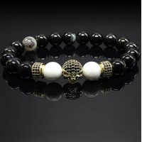 Мужской браслет из натурального камня черный агат и кахолонг