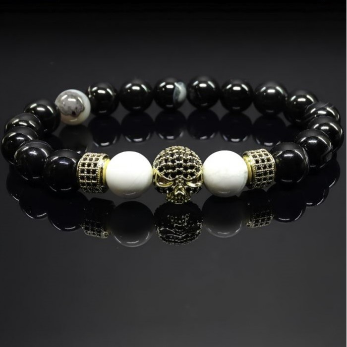 Men's bracelet made of natural black agate and cacholong stones