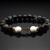 Мужской браслет из натурального камня черный агат и кахолонг