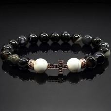 Чоловічий браслет із натурального каменю чорний агат та кахолонг
