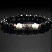 Мужской браслет из натурального камня черный агат и кахолонг