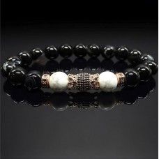 Чоловічий браслет із натурального каменю чорний агат та кахолонг
