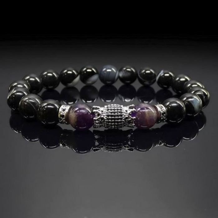 Men's bracelet made of natural black agate and amethyst stones
