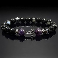 Чоловічий браслет із натурального каменю чорний агат та аметист