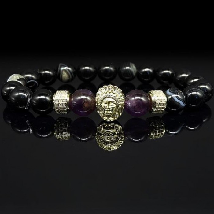 Men's bracelet made of natural black agate and amethyst stones