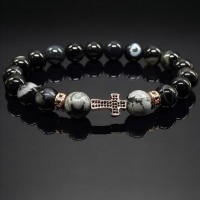 Мужской браслет из натурального камня черный агат и обсидиан