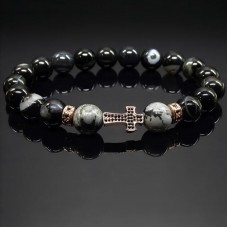 Чоловічий браслет із натурального каменю чорний агат та обсидіан