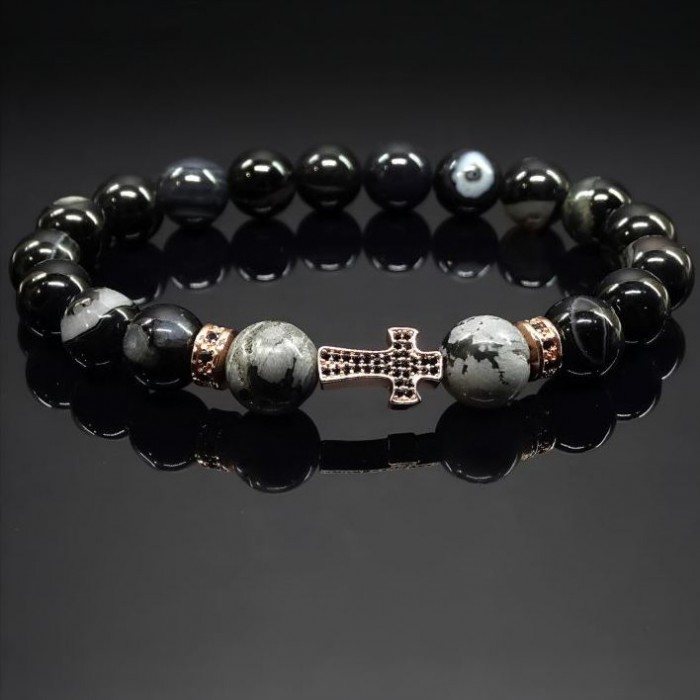 Чоловічий браслет із натурального каменю чорний агат та обсидіан