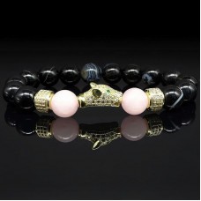Браслет із натурального каменю агат чорний та рожевий кварц
