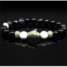 Браслет із натурального каменю агат чорний та кахолонг