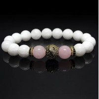 Браслет из натурального камня нефрит белый и розовый кварц