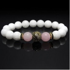 Браслет із натурального каменю нефрит білий та рожевий кварц