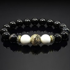 Браслет із натурального каменю агат чорний та кахолонг