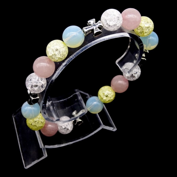 Bracelet with elastic band made of natural stone "Moonstone, Rose Quartz, Rock Crystal, Citrine" metal silver fittings. Bead diameter: 10mm, length: 19.5+cm