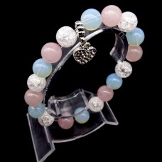 Elastic band bracelet made of natural stone "Moonstone, Rose Quartz, Rock Crystal" with a pendant, silver-tone metal fittings. Bead diameter: 10mm, girth: 18cm+