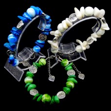 Bracelet made of natural mother-of-pearl "Galtovka" on a fishing line with a lock. Color: mix, fittings: silver metal. Bead diameter: 12*6mm+-, glass ball 12mm, girth: 21cm+