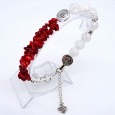 Double bracelet made of natural stone *Rock crystal-Coral red* on a fishing line with a lock. Bead diameter: 10mm/6x3mm+-, girth: 21cm+