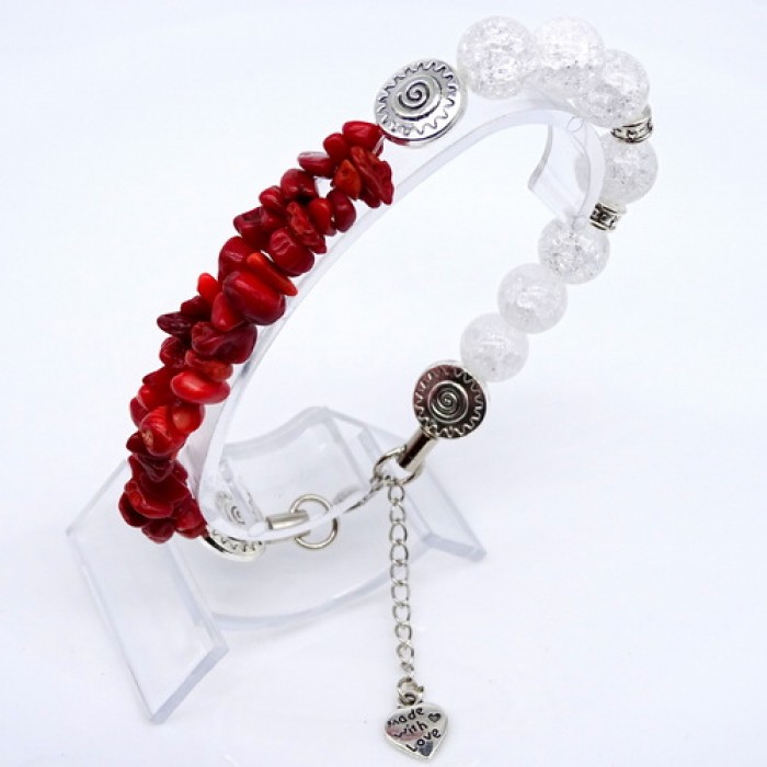 Double bracelet made of natural stone *Rock crystal-Coral red* on a fishing line with a lock. Bead diameter: 10mm/6x3mm+-, girth: 21cm+