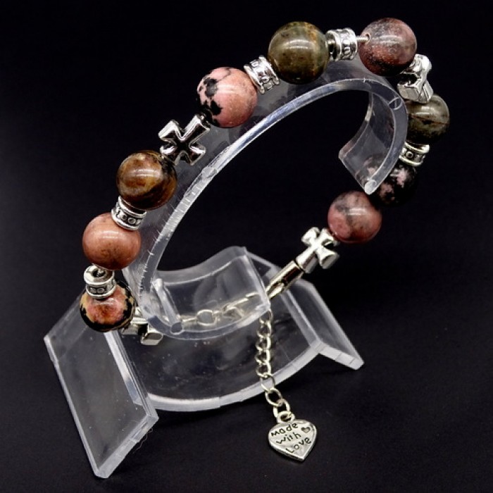 Bracelet made of natural stone *Rhodonite* base metalized thread. Bead diameter: 10mm, girth: 19cm+