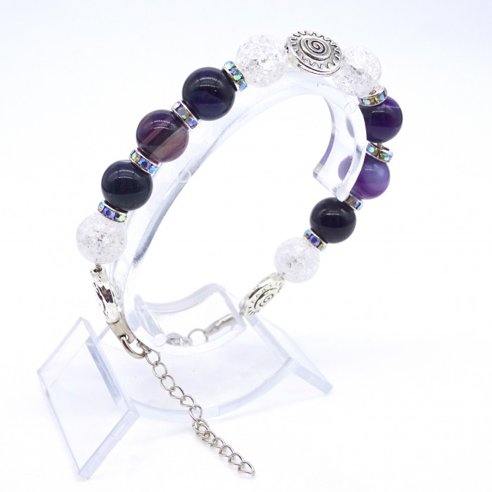 Bracelet made of natural stone *Purple Agate-Rhinestone* base metallized thread. Bead diameter: 10mm, girth: 19cm+