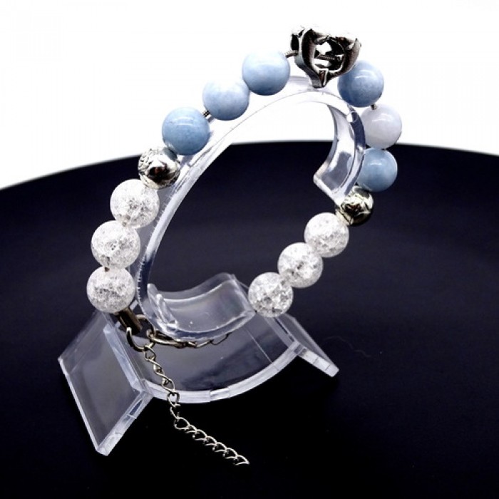 Bracelet made of natural stone *Blue Agate-Rock Crystal* metalized thread base. Bead diameter: 10mm, girth: 19cm+