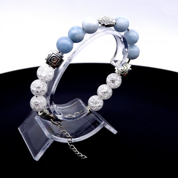 Bracelet made of natural stone *Blue Agate-Rock Crystal* metalized thread base. Bead diameter: 10mm, girth: 19cm+
