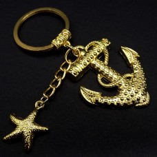 Sea world keychain in the form of an anchor and a starfish, metal color gold, size: length-9cm, pendant: 4.5/3.6cm-2.3/1.9cm