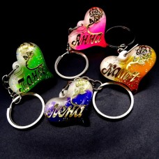 Acrylic keychain in the shape of a heart *Women's name* in individual packaging. Color mix, size: height-3.2cm, width-4cm