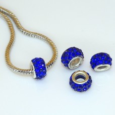 Resin and Strass Euro Bead Charms, Rondelle, Strass Color: Blue, Size: 11x7mm, Hole 4.5mm