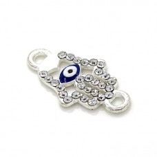 Accessories connector "Hamsa, hand of Fatima" metal color: silver with colored enamel, rhinestone color: crystal
