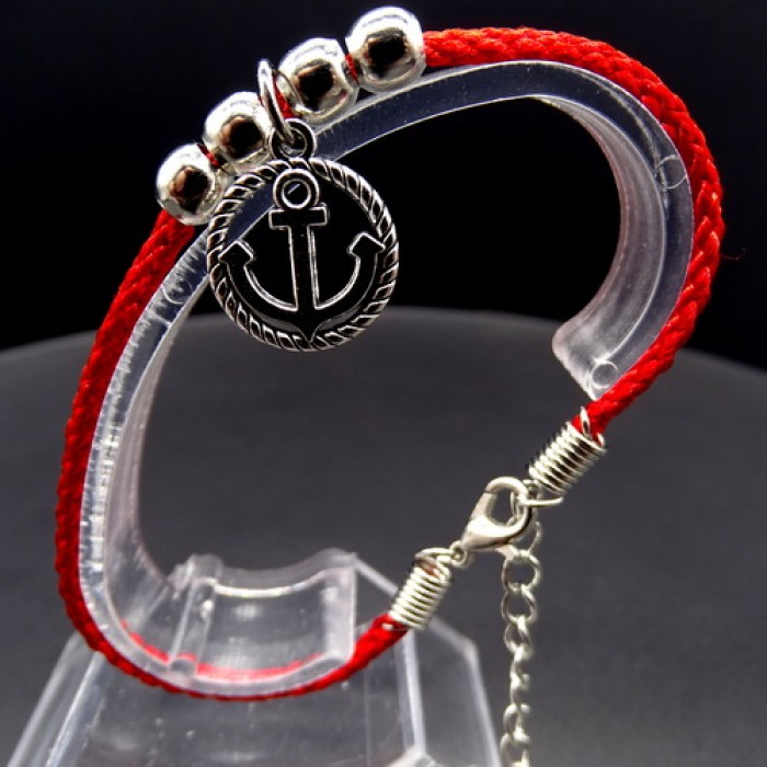 Bracelet red thread amulet against the evil eye with a pendant *Anchor* metal color: silver, eco-silk thread with carabiner, length: 18cm + 4cm