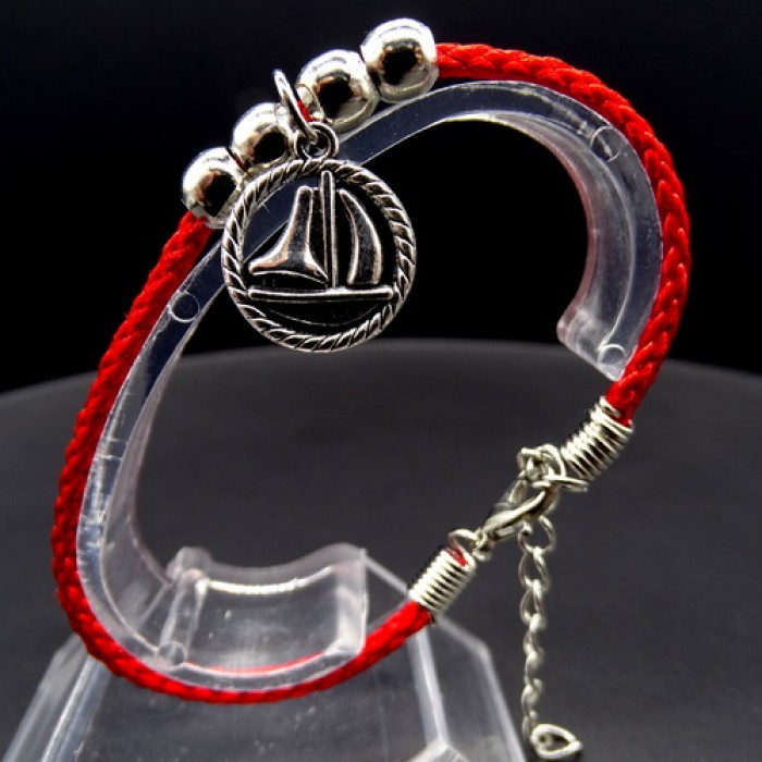 Bracelet red thread amulet against the evil eye with a pendant *sailboat* metal color: silver, eco-silk thread with carabiner, length: 18cm + 4cm