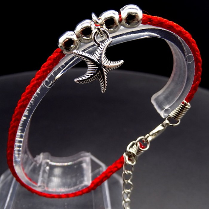 Bracelet red thread amulet against the evil eye with a pendant *Starfish* metal color: silver, eco-silk thread with carabiner, length: 18cm + 4cm