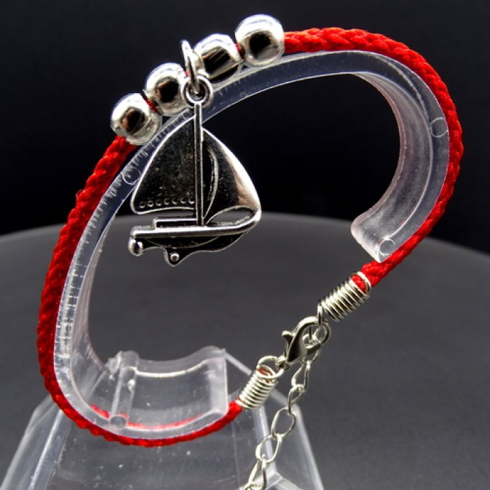 Bracelet red thread amulet against the evil eye with a pendant *sailboat* metal color: silver, eco-silk thread with carabiner, length: 18cm + 4cm