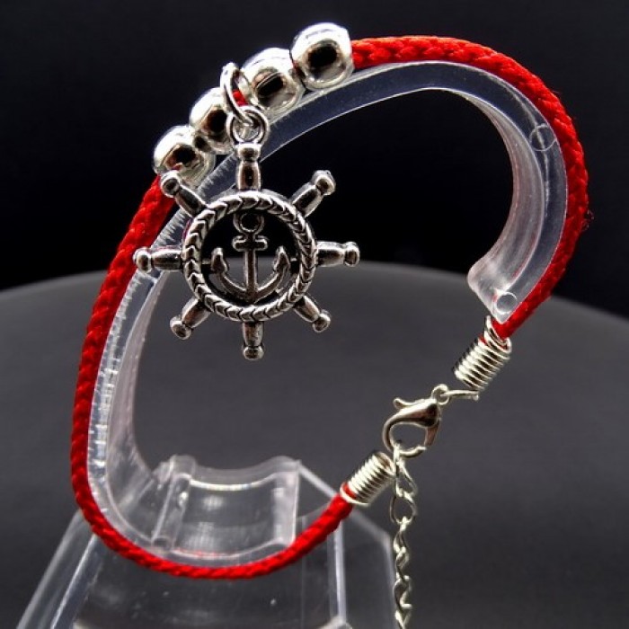 Bracelet red thread amulet against the evil eye with a pendant *Steering wheel* metal color: silver, eco-silk thread with carabiner, length: 18cm + 4cm