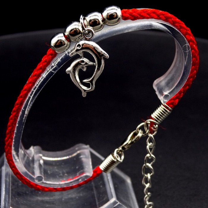 Bracelet red thread amulet against the evil eye with a pendant * two dolphins * metal color: silver, eco-silk thread with carabiner, length: 18cm + 4cm