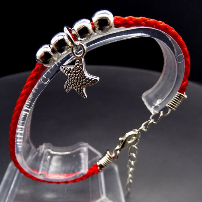 Bracelet red thread amulet against the evil eye with a pendant *Starfish* metal color: silver, eco-silk thread with carabiner, length: 18cm + 4cm