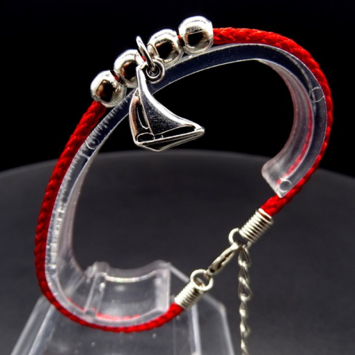 Bracelet red thread amulet against the evil eye with a pendant *sailboat* metal color: silver, eco-silk thread with carabiner, length: 18cm + 4cm