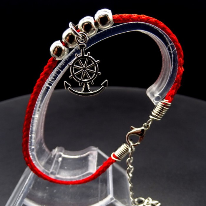 Bracelet red thread amulet against the evil eye with a pendant *Rudder-Anchor* metal color: silver, eco-silk thread with carabiner, length: 18cm + 4cm