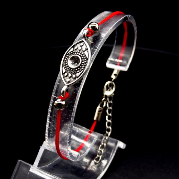 Charm bracelet red thread "Eye of Fatima" metal color: silver, size: 17-18cm+4