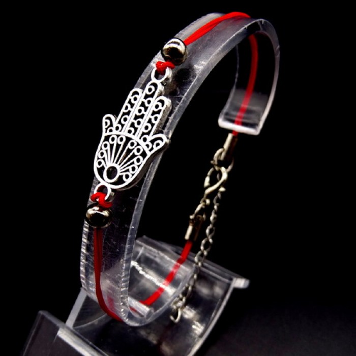 Charm bracelet red thread "Hamsa - Hand of Fatima" metal color: silver, size: 17-18cm+4