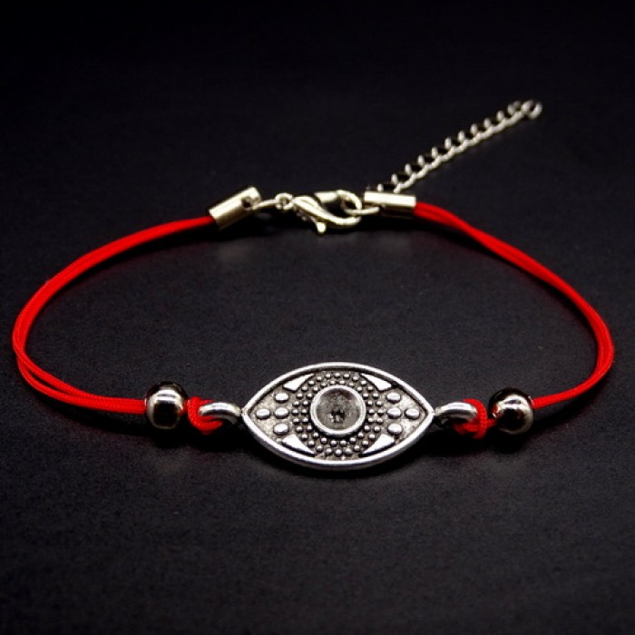 Charm bracelet red thread "Eye of Fatima" metal color: silver, size: 17-18cm+4