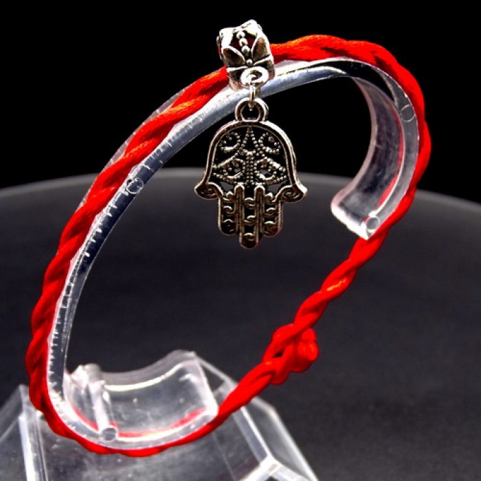 Bracelet red thread amulet against the evil eye with a pendant *Hamsa - Hand of Fatima* metal color: silver, size: universal 12-19cm